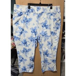 Woman Within Size 24WLadies Floral Capri Pant Stretch Plus Blue White Wide Waist